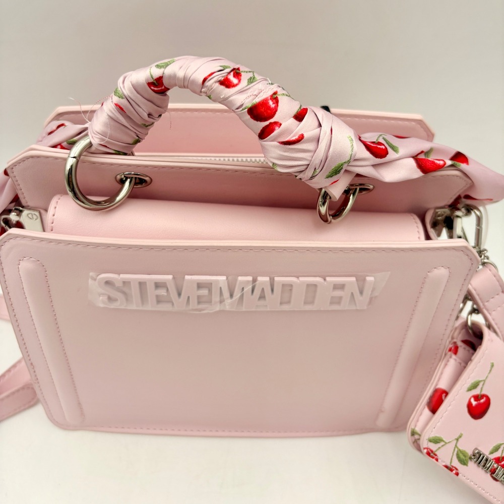 Steve Madden Bevelyn Pink Crossbody Bag Cherry Scarf Handle & Card Holder - Picture 2 of 15